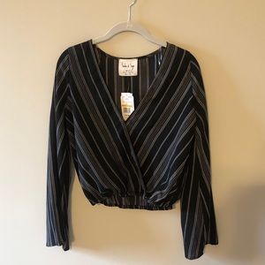 BOUTIQUE NWT Flounce black and grey stripped top